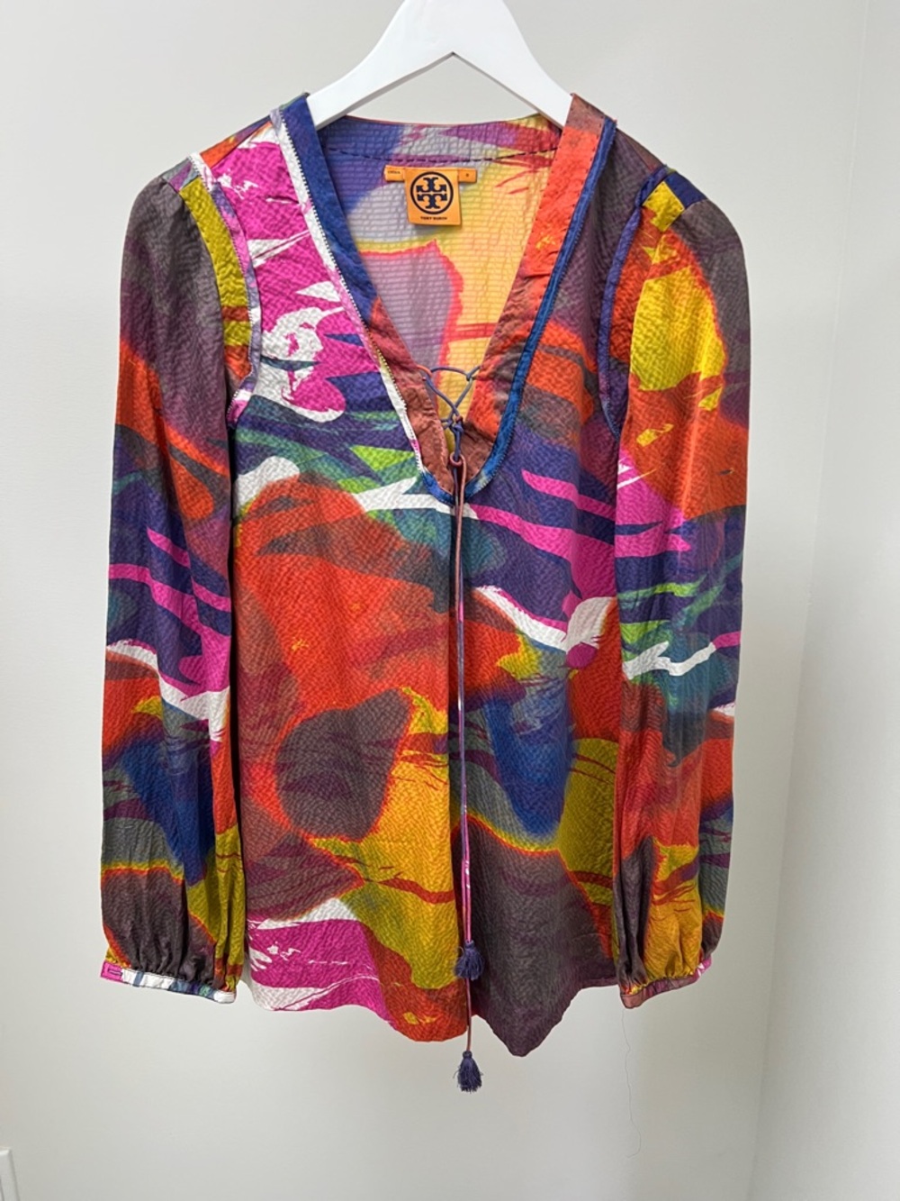 Tory Burch Vibrant Multicolor V-Neck Long Sleeve Blouse